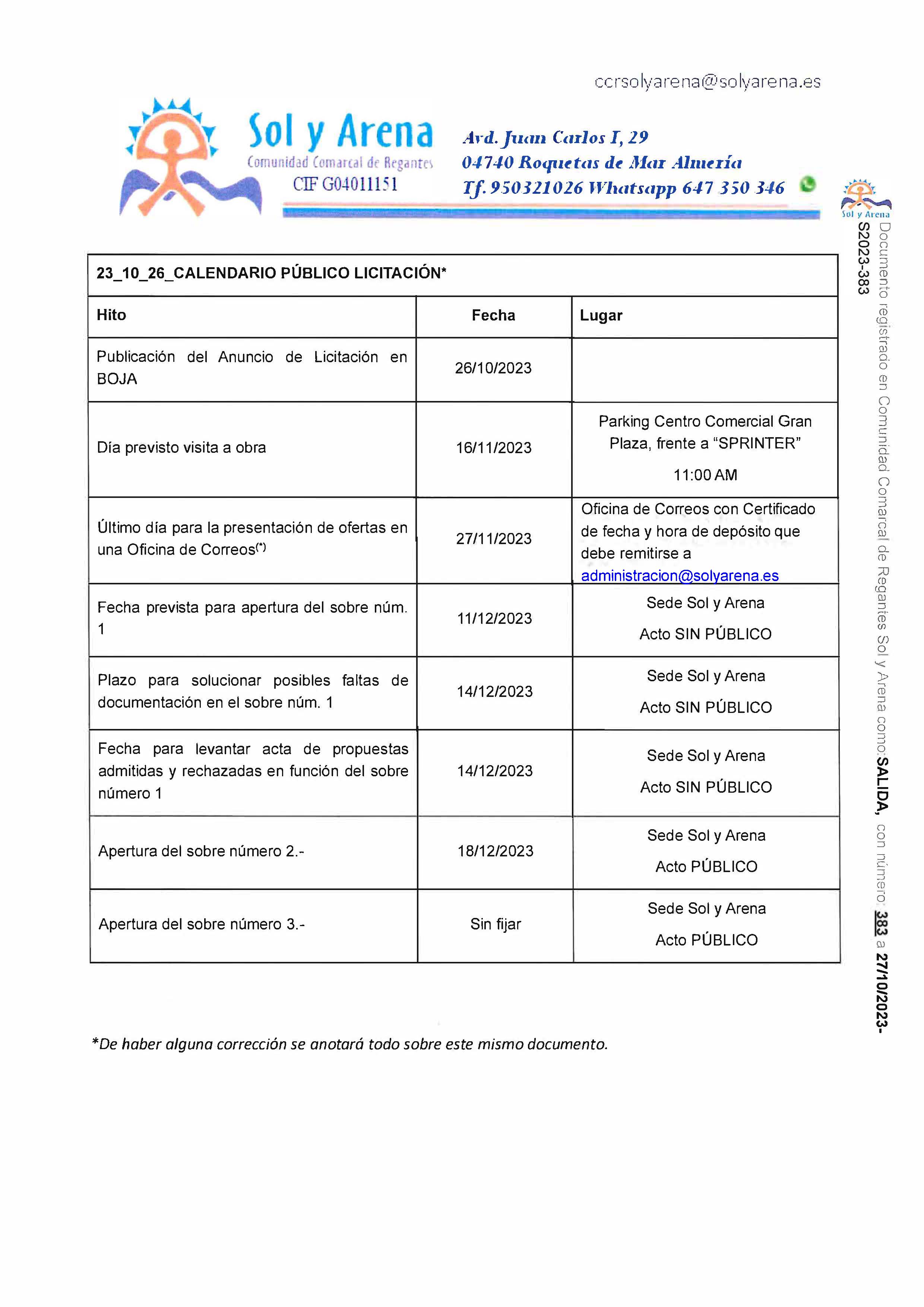 Calendario Calendario de Licitación