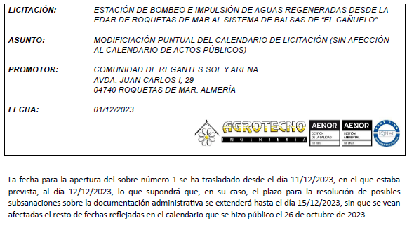 Calendario Calendario de Licitación